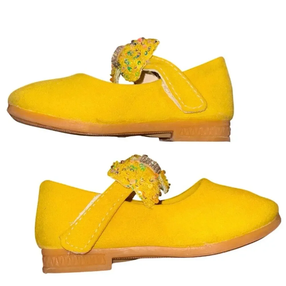 Neon Yellow Toddler Mary Jane Shoes Sequin Bow Girls Size 9C EU 26 Flats